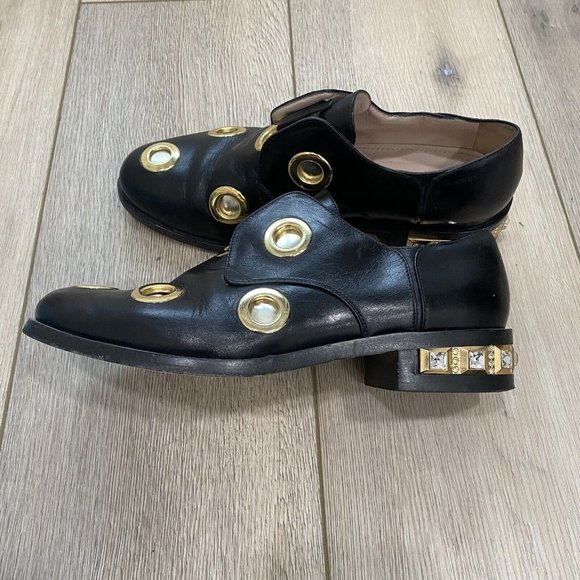 Cavallini Black Leather Studded Gold Heel Loafers Size 37 - Picture 12 of 12